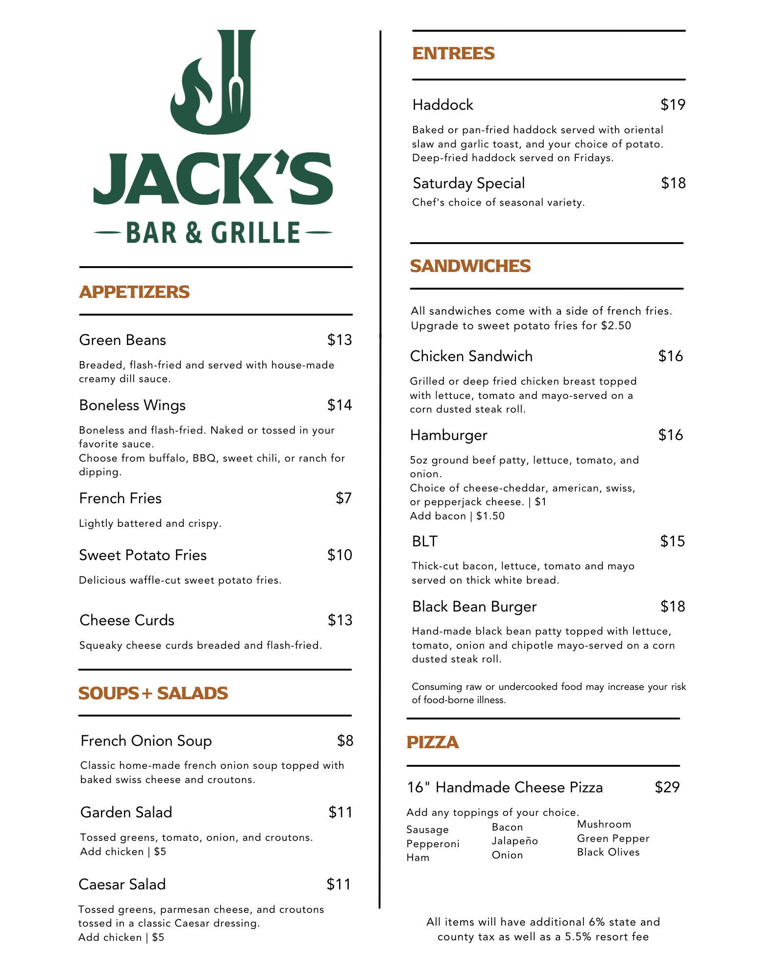 Jack's summer menu