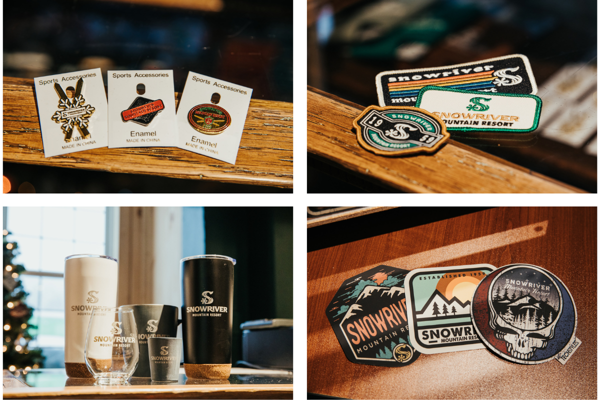 snowriver stickers, pins, patches, and glassware