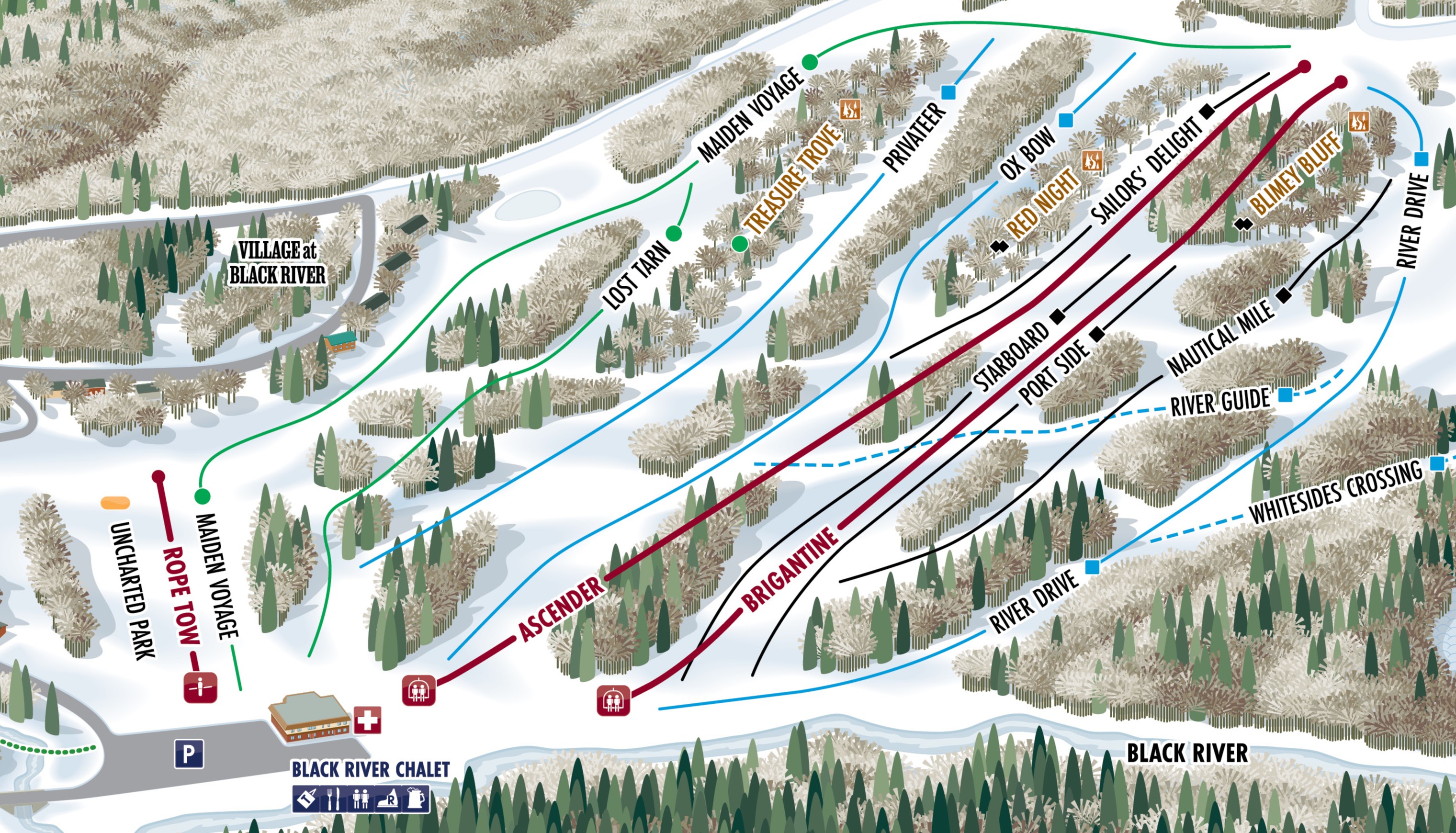 Cropped view of Black River Basin Trail map showing the front side of the hill.