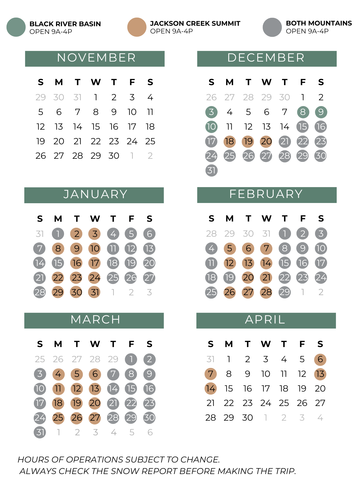 Snowriver Operations Calendar