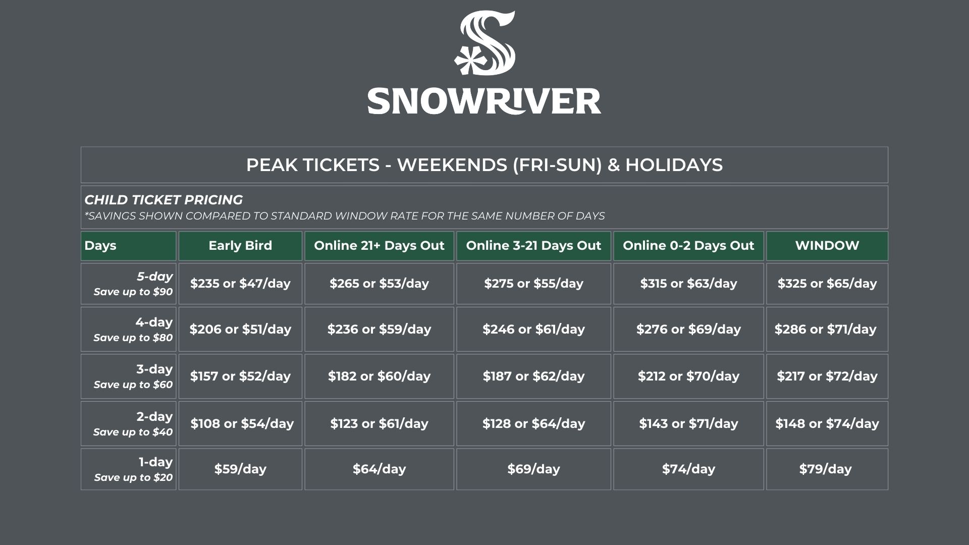 Snowriver logo above a ticket price chart for different age groups.