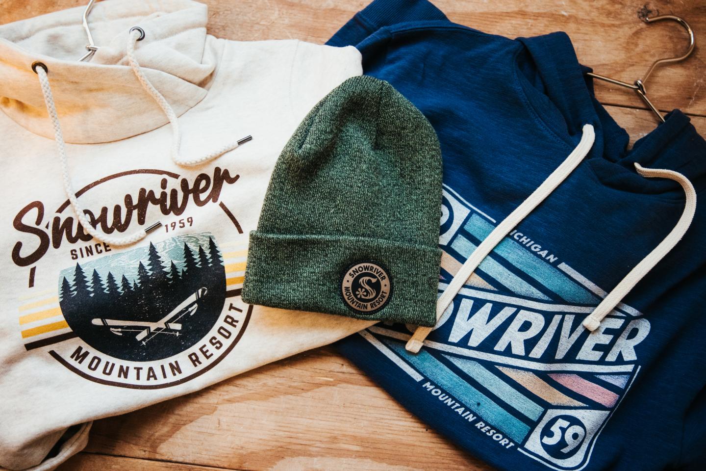 snowriver sweatshirts and a beanie