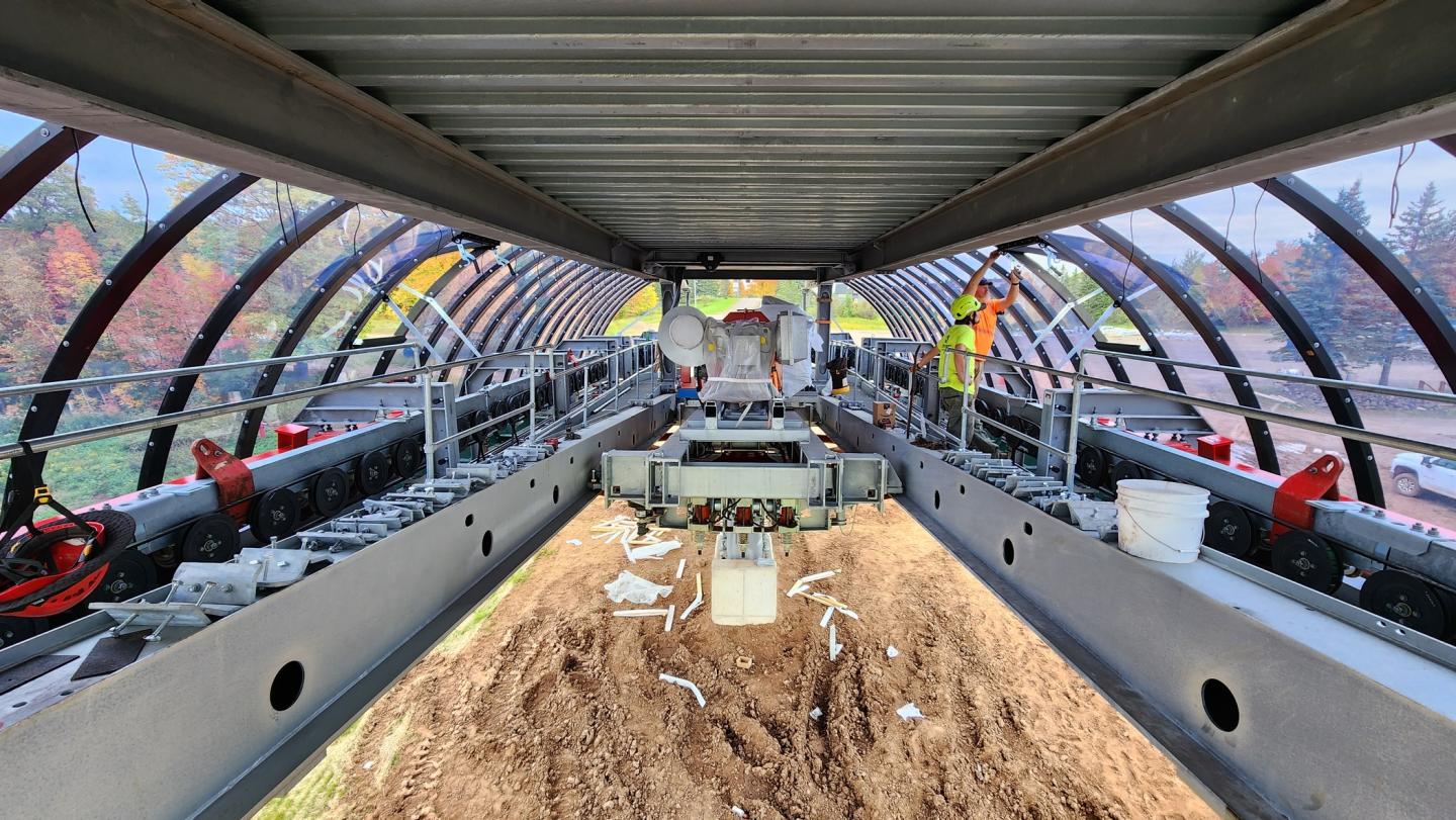 View looking down through the floor of the drive terminal of the Voyageur Express.