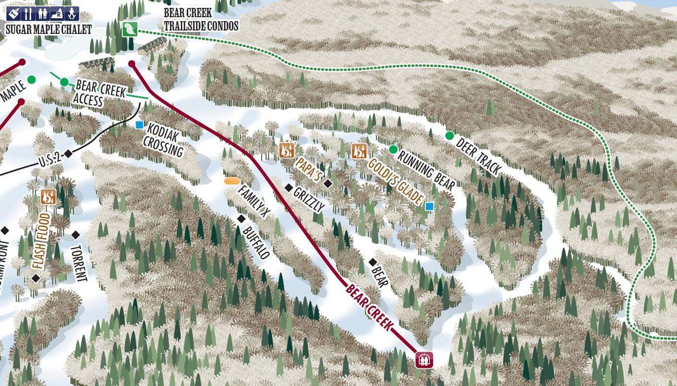 Trail map showing the Bear Creek terrain pod with new glade locations.