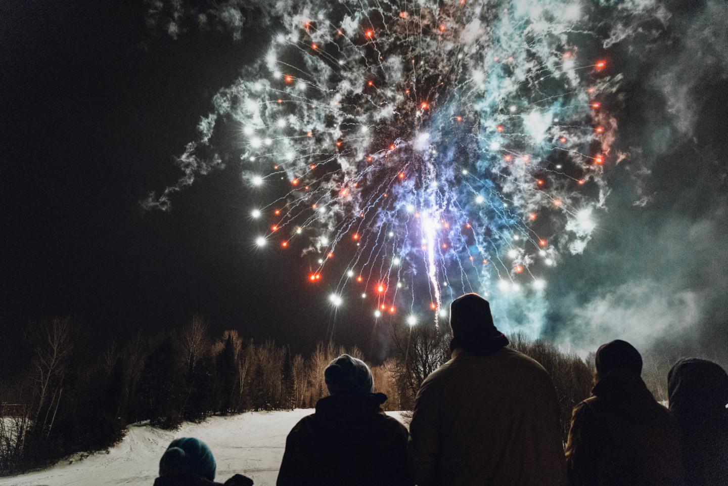 Fireworks go off over silhouetted onlookers. 