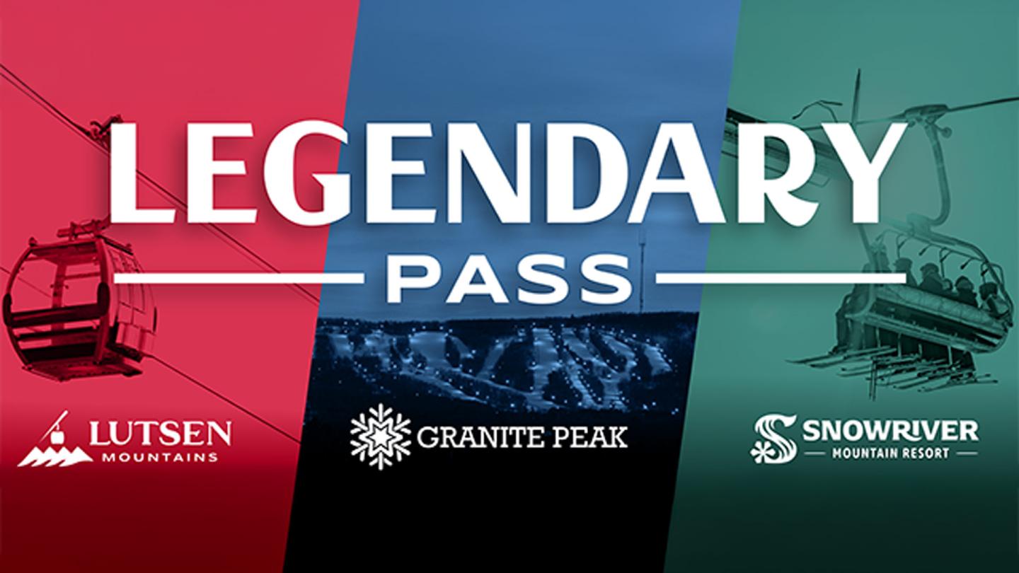 Legendary Pass ad with ski lifts and mountain logos from Lutsen, Granite Peak, and Snowriver.