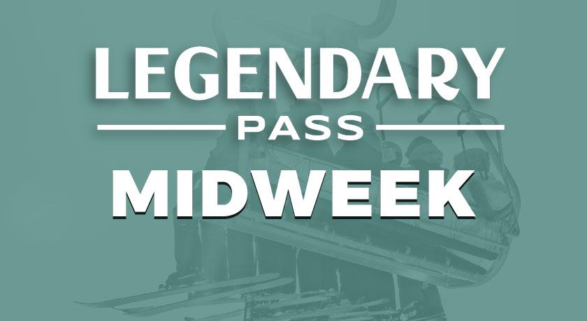 Legendary Pass Midweek text on teal background, silhouette of a bull.