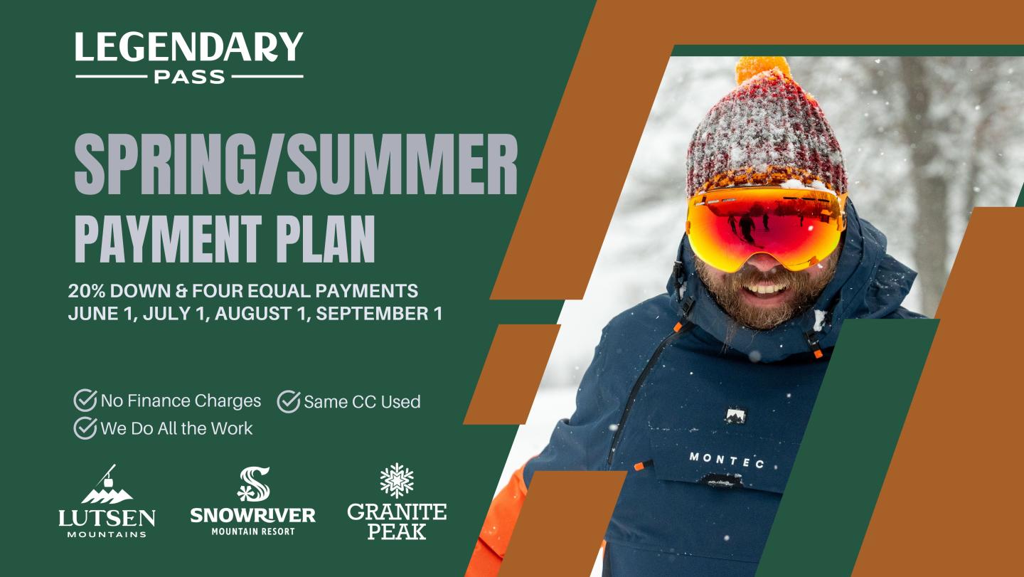Smiling person in snow with colorful ski gear and text about payment plans.