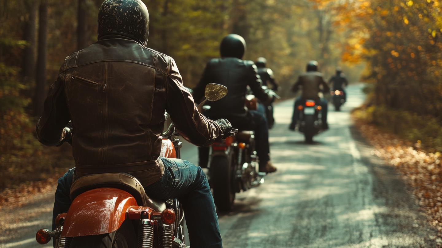 Motorcyclists ride down a tree-lined road in autumn.