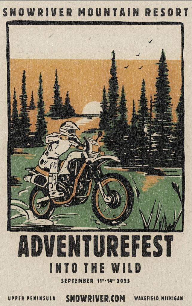 Motorcyclist rides through forest at sunset; event poster for AdventureFest.