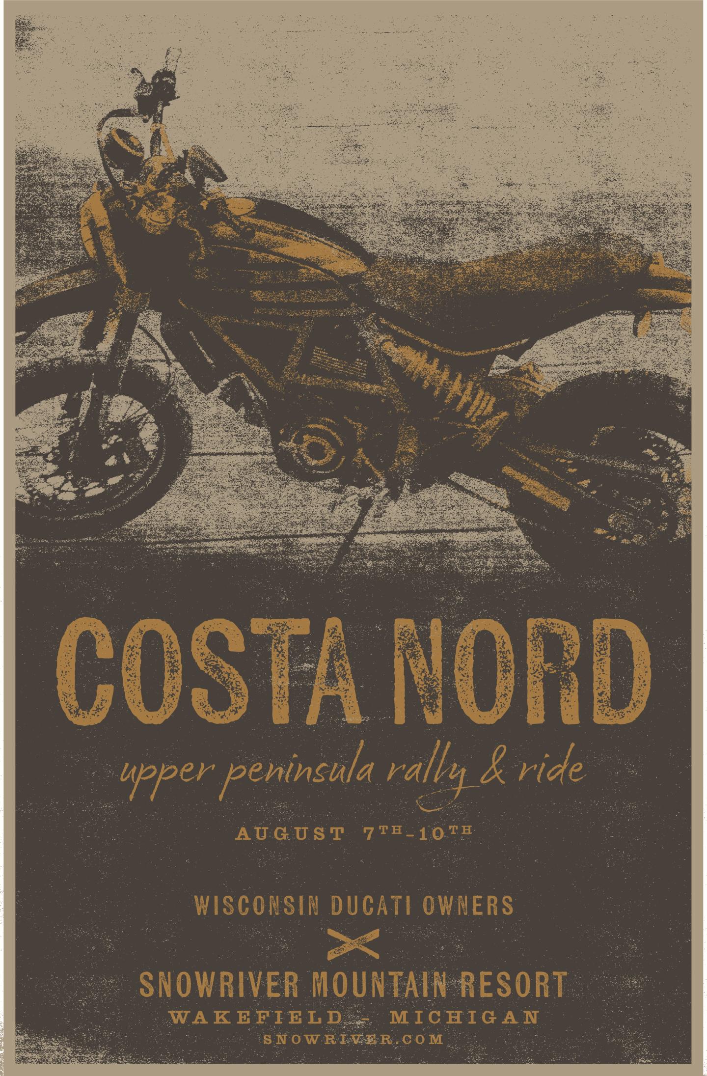 Motorcycle graphic with event text overlay in vintage style tones.