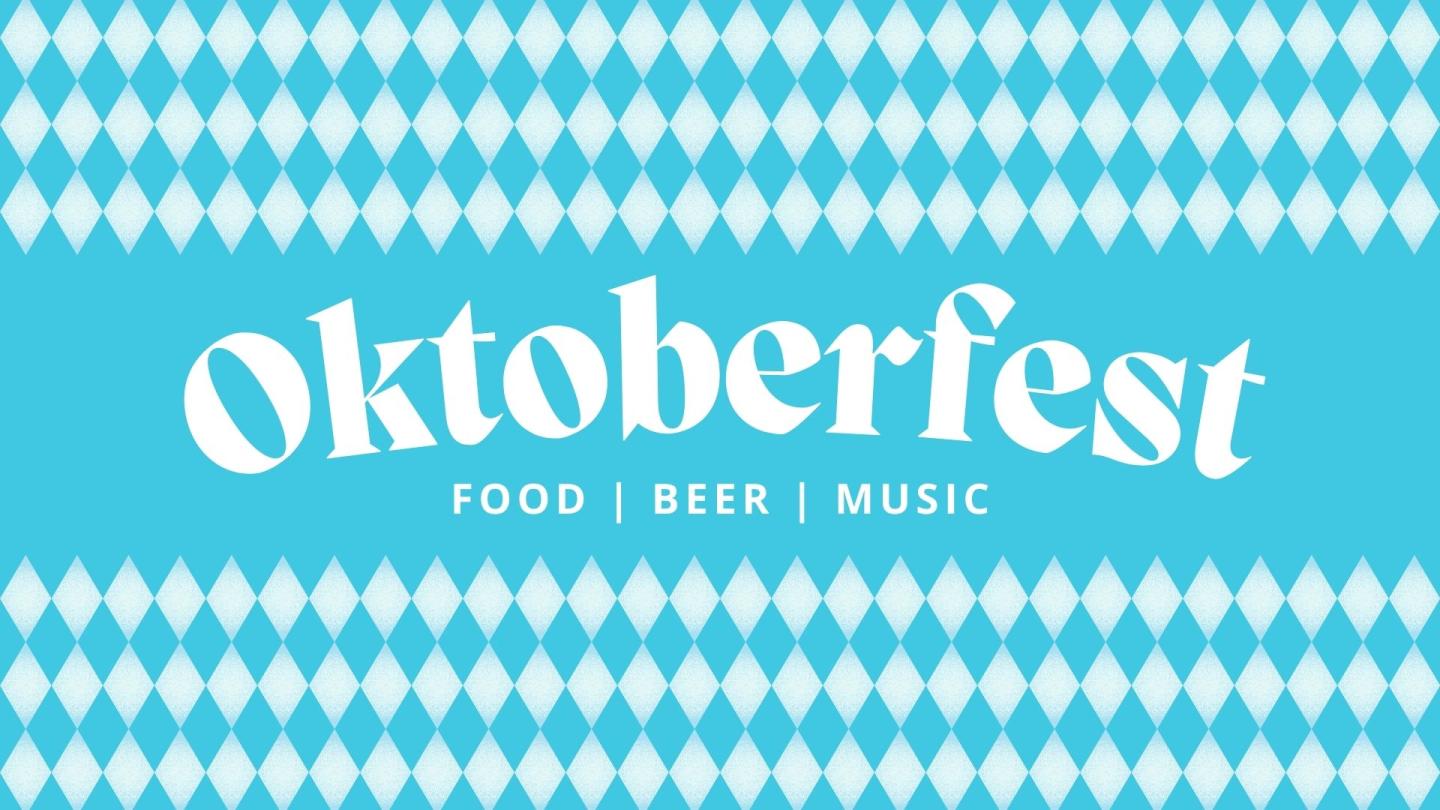 Oktoberfest banner with blue and white diamond pattern.