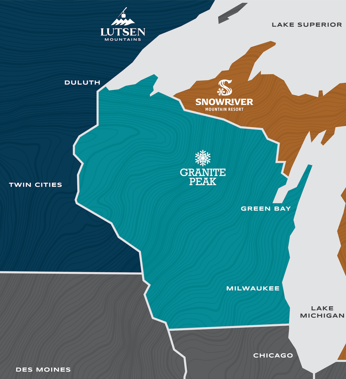 Map highlighting Wisconsin with Granite Peak, Lutsen, and Snowriver ski areas.