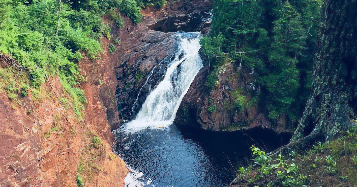 Waterfall cascading into a pool surrounded by lush green trees and rocky cliffs.