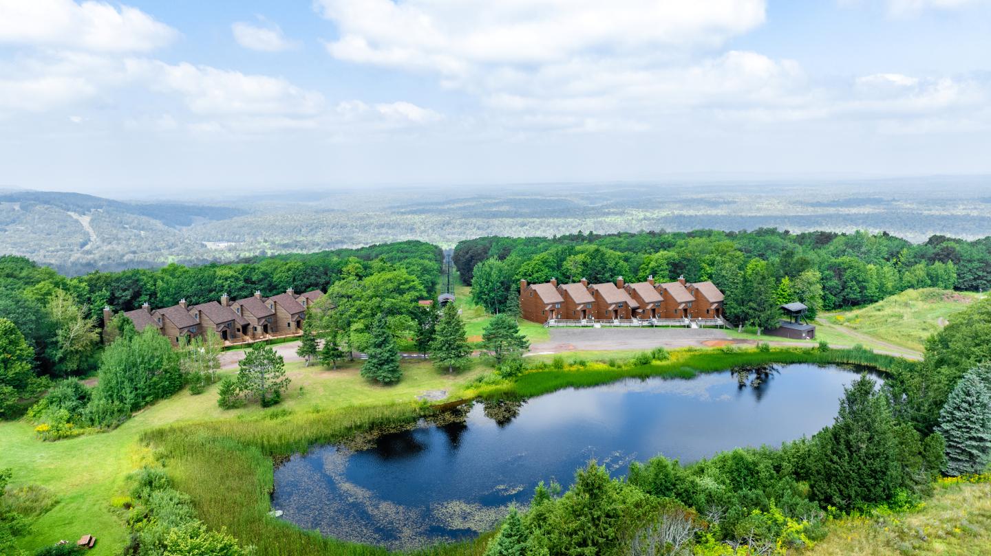 Aerial view of cabins by a pond and surrounded by lush greenery.