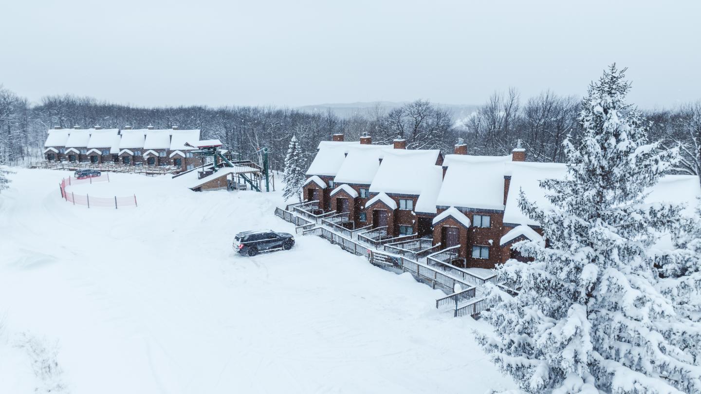 Snow-covered cabins and trees in a winter landscape.