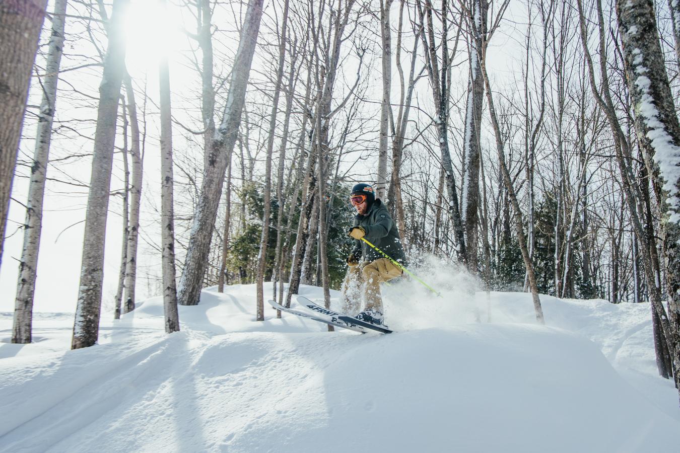 Skier descending through snowy forest, sunlight filtering through trees.