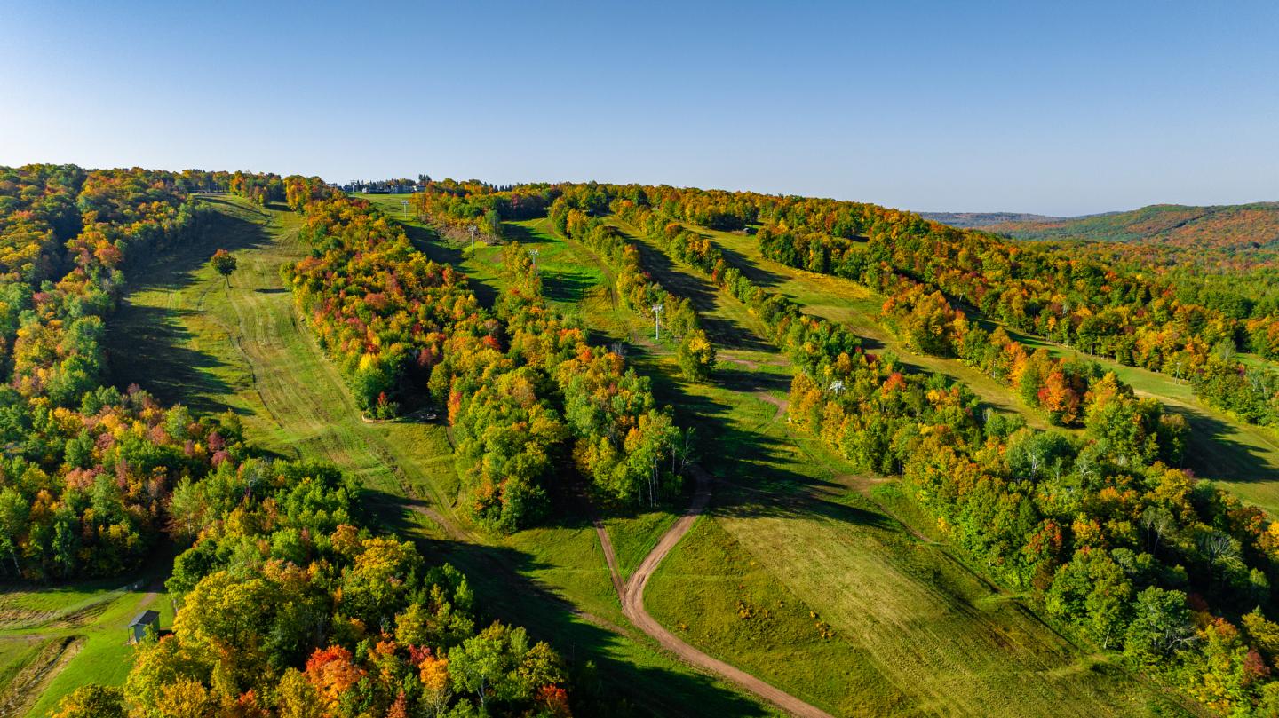 Aerial view of green hills with colorful autumn trees under a clear blue sky.