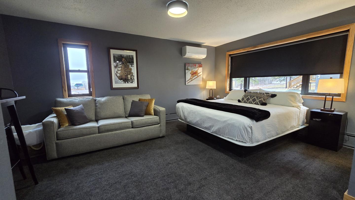 Modern hotel room with a large bed, sofa, and two windows.