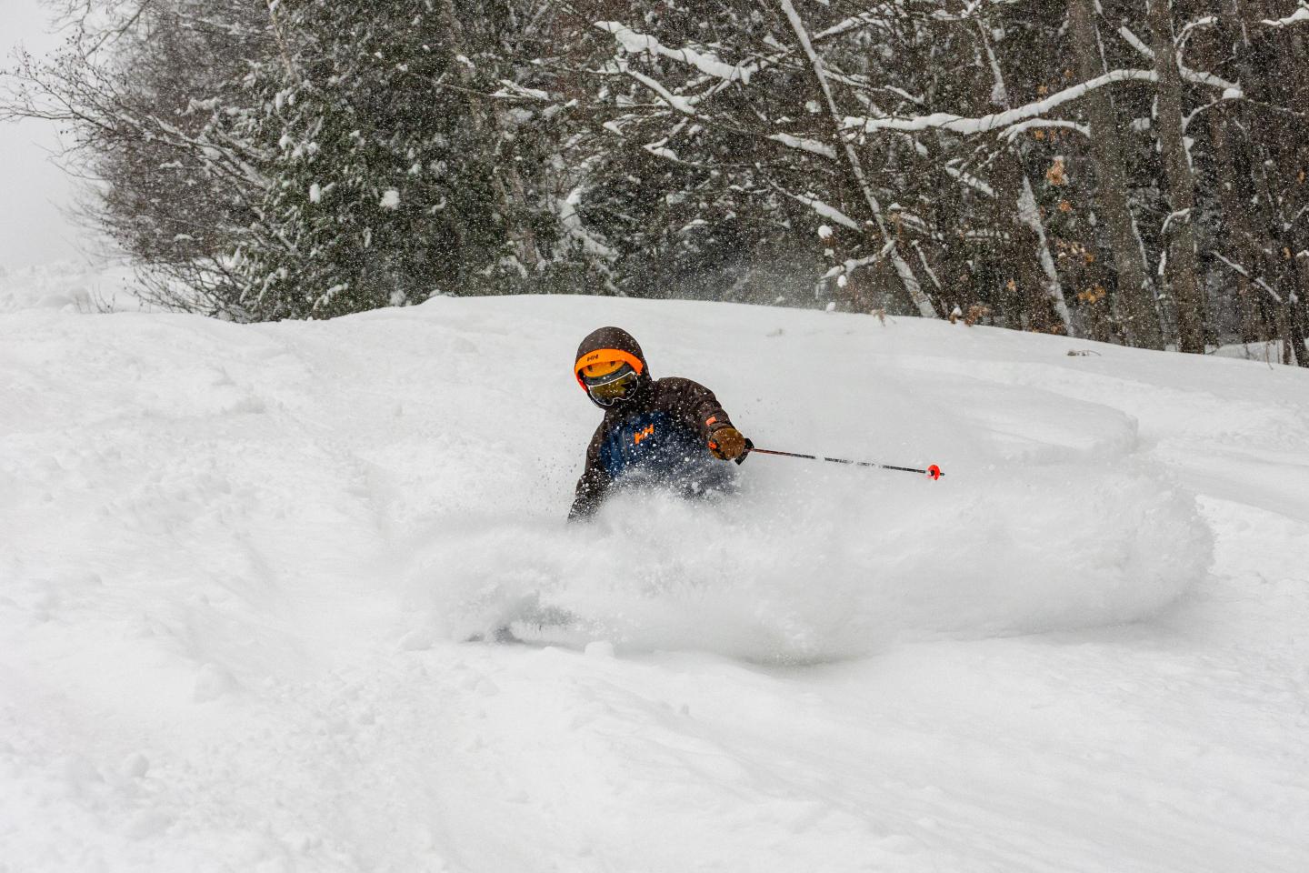 Skier in snowy forest, wearing helmet and goggles, skiing through powder.