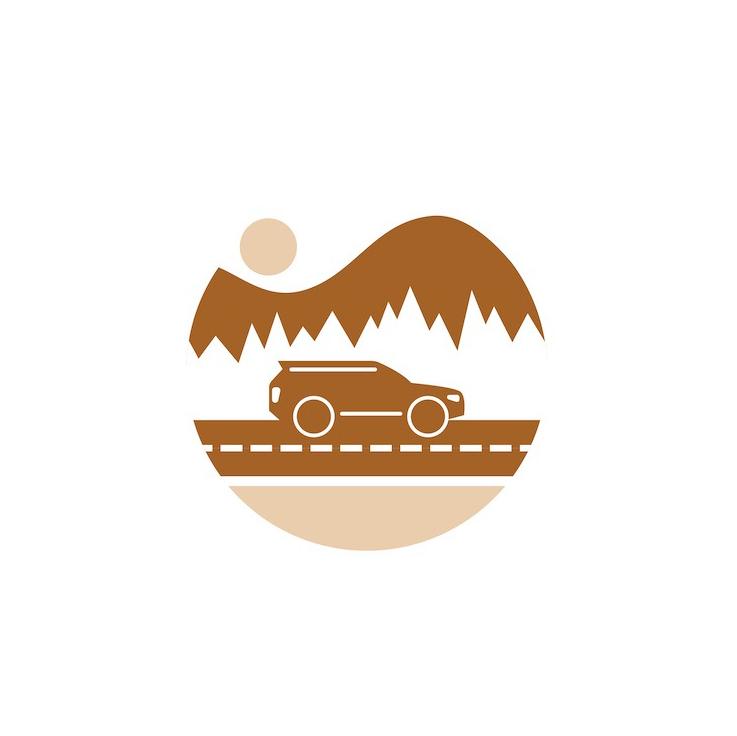 Car driving on road with mountains and sun, in brown and beige circular logo.