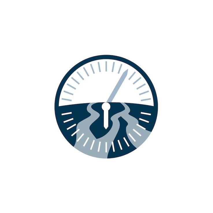 Compass and mountain logo in blue and gray.