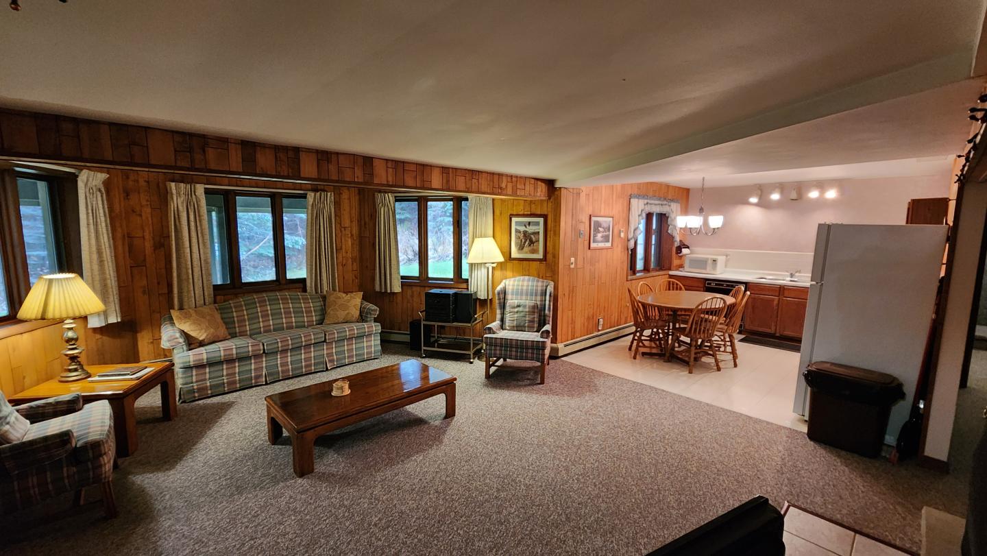 Cozy living room and kitchen with wood paneling and warm lighting.
