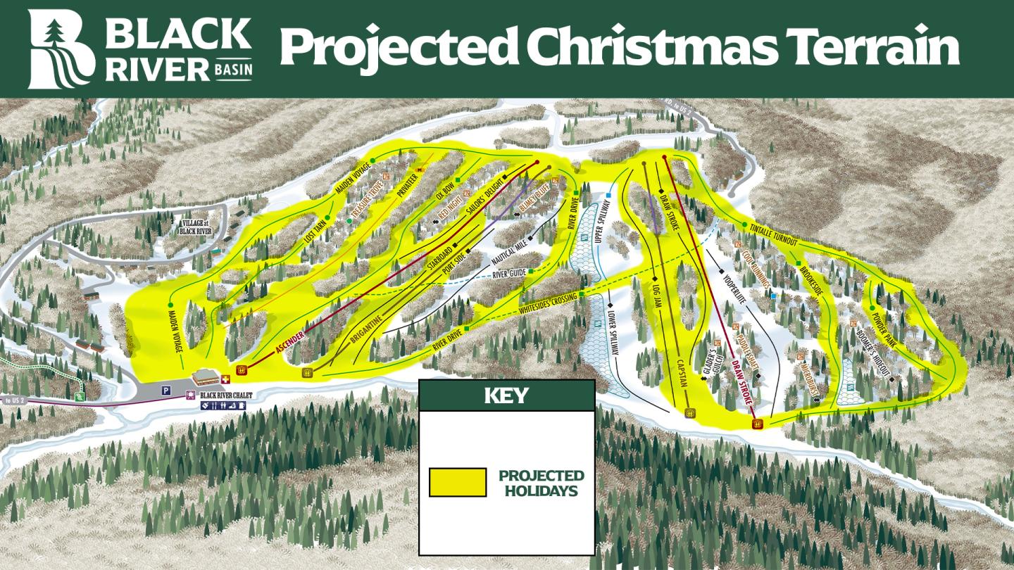 Ski resort map with trails highlighted in yellow for Christmas terrain.