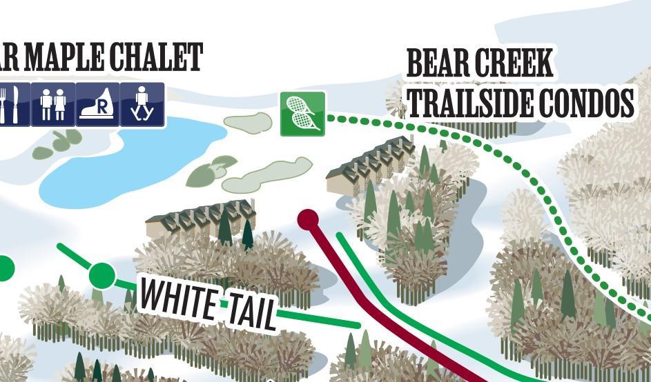 Trail map with paths connecting chalets and condos, surrounded by trees and a lake.