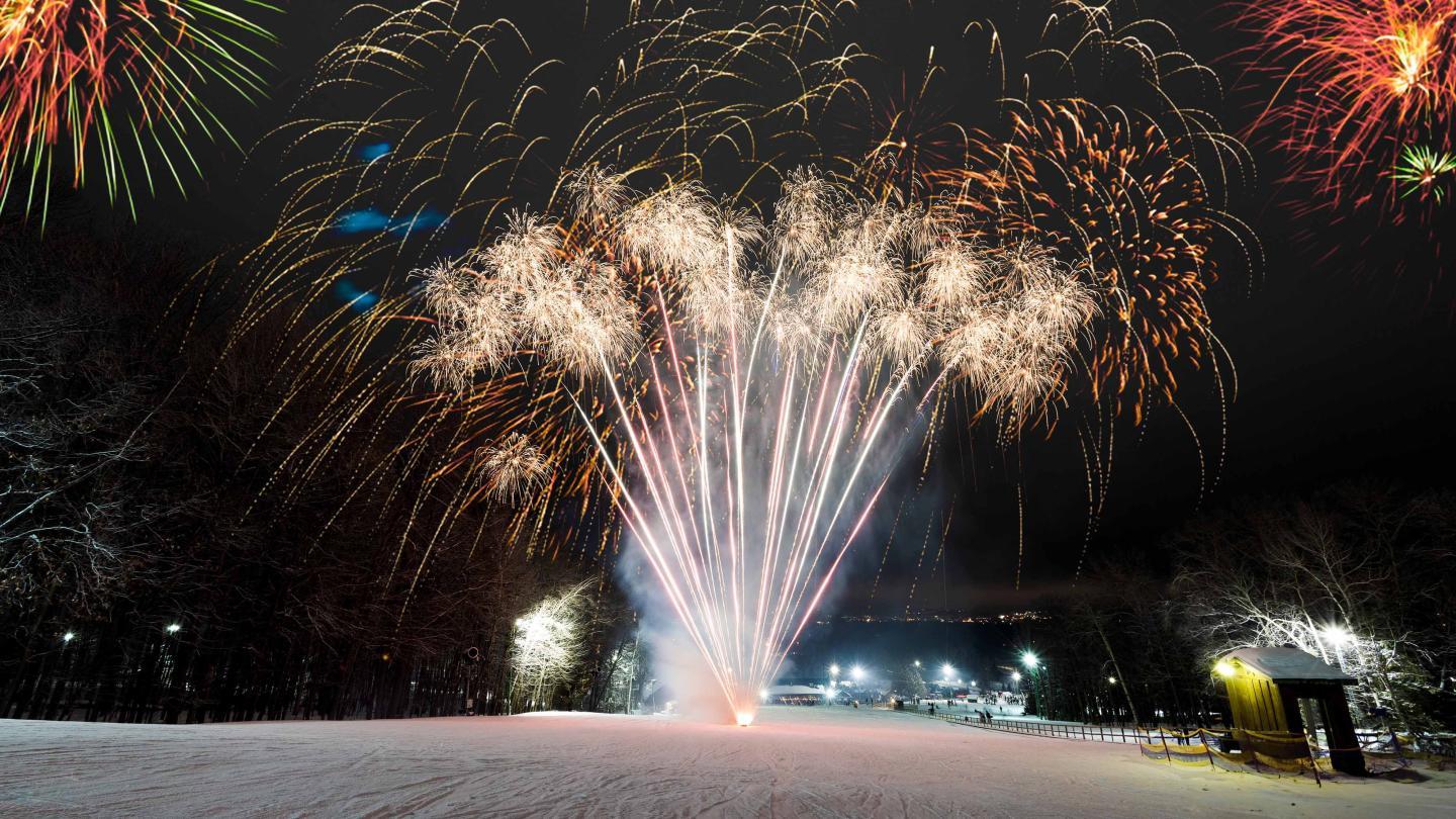 Fireworks light up the night sky in a snowy landscape.