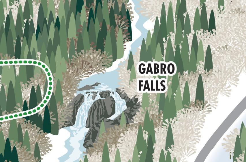 Map illustration showing Gabro Falls amid dense green forest.