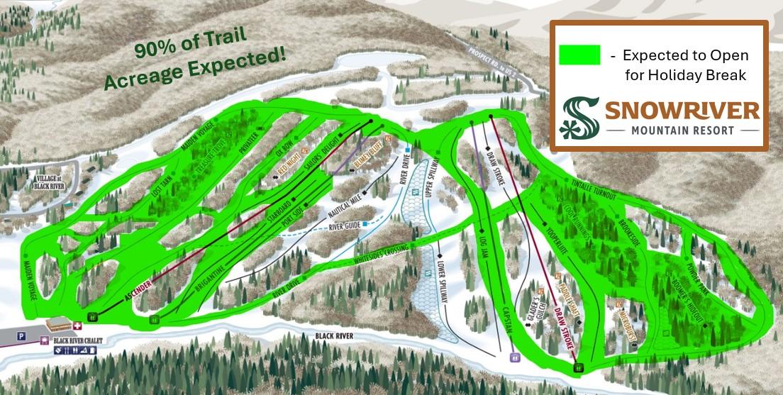 Trail map of Snowriver Mountain Resort showing green-highlighted ski runs.