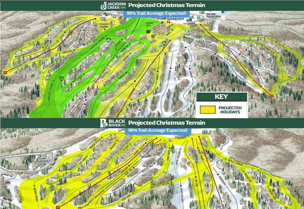 Color-coded ski resort map with trails in green and yellow.