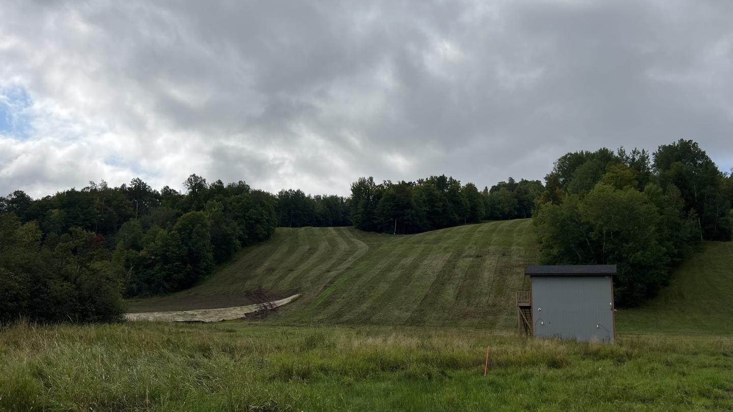 Grassy hillside with cloudy sky and small building.