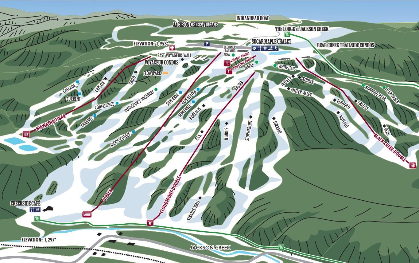 Map of a ski resort with labeled trails, lifts, and elevations.