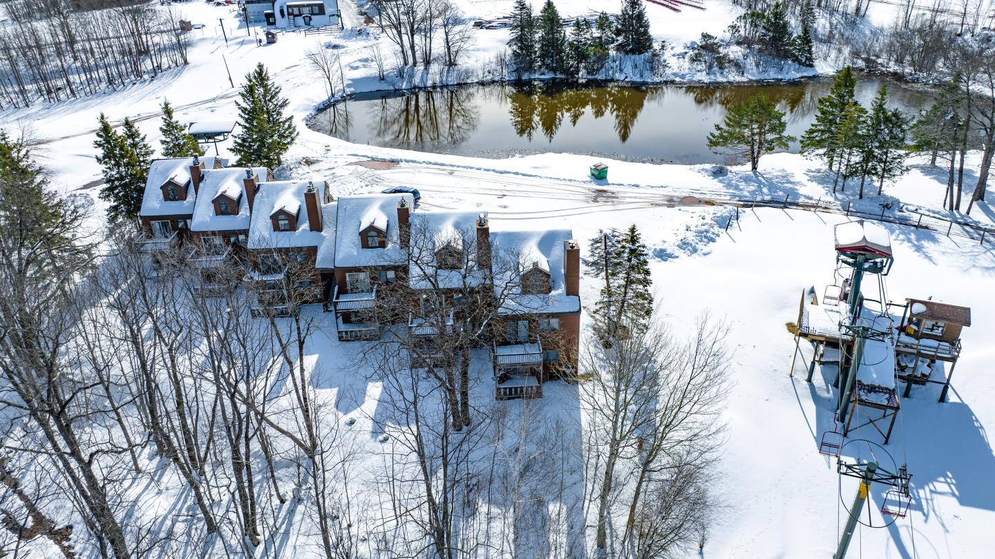 Snow-covered cabins near a frozen pond, surrounded by snowy trees.
