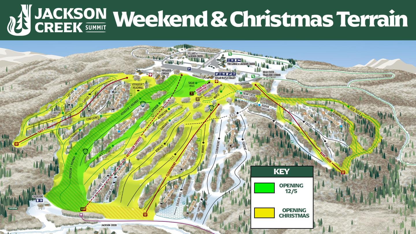 Jackson Creek ski map showing green, yellow, and white trails on mountain terrain.