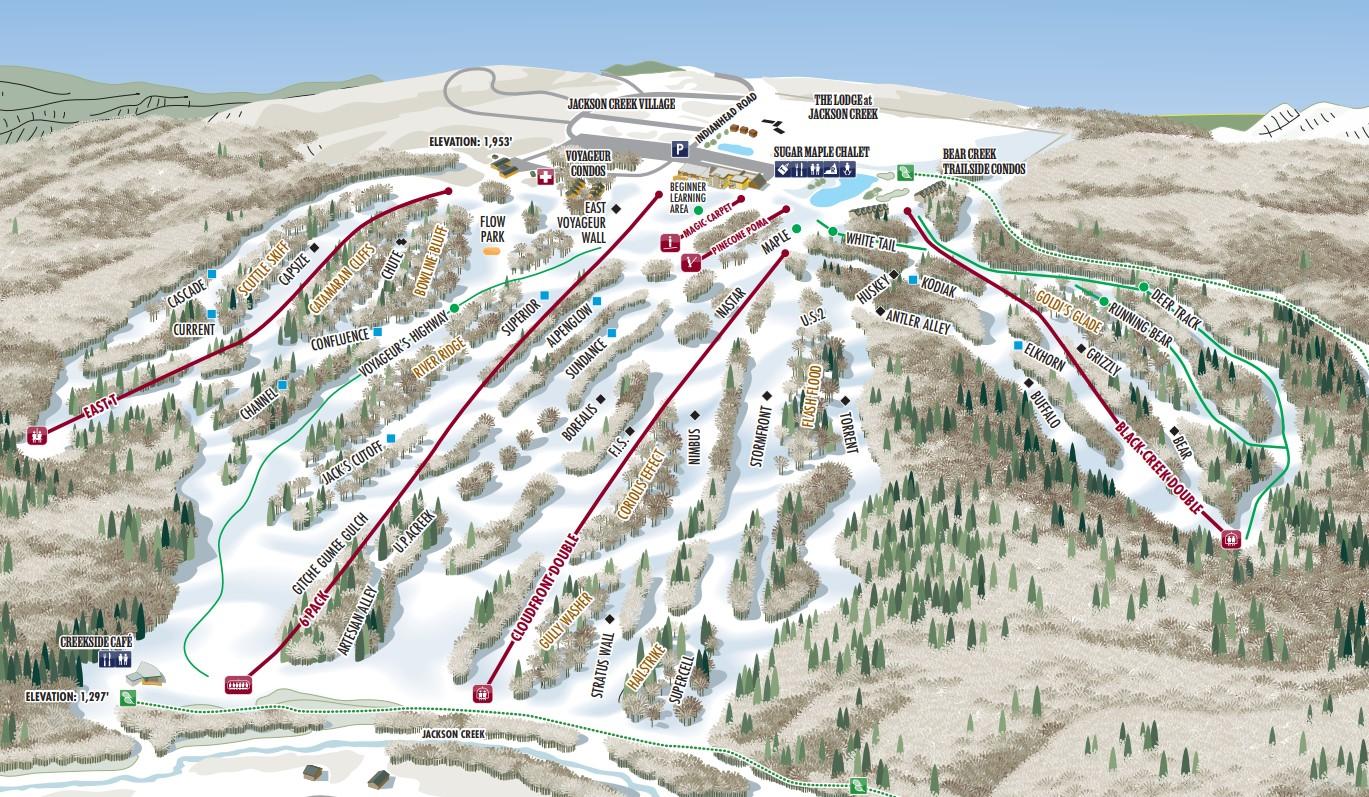 Ski resort map with trails and lifts on a snowy mountain.