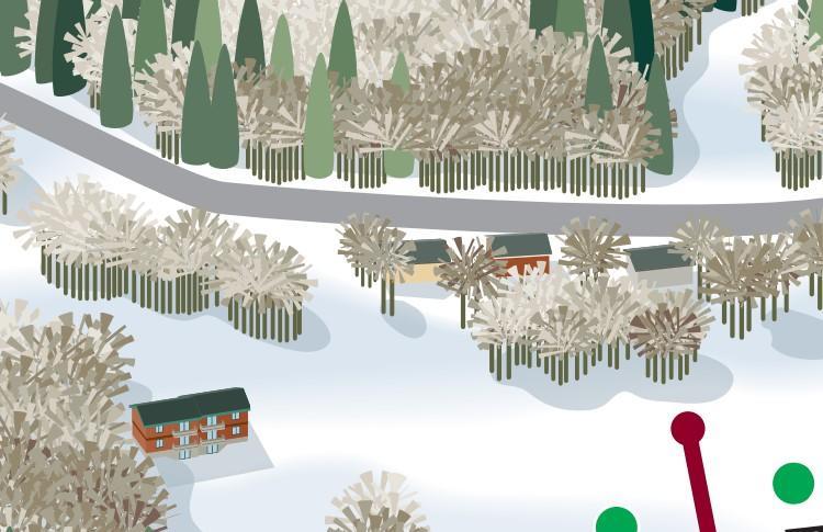 Snowy landscape illustration with cabins and trees.