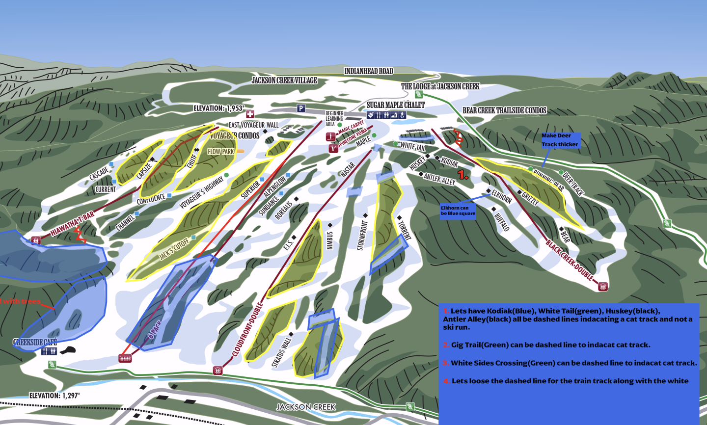 Ski resort map with trails marked in various colors across a mountainous area.
