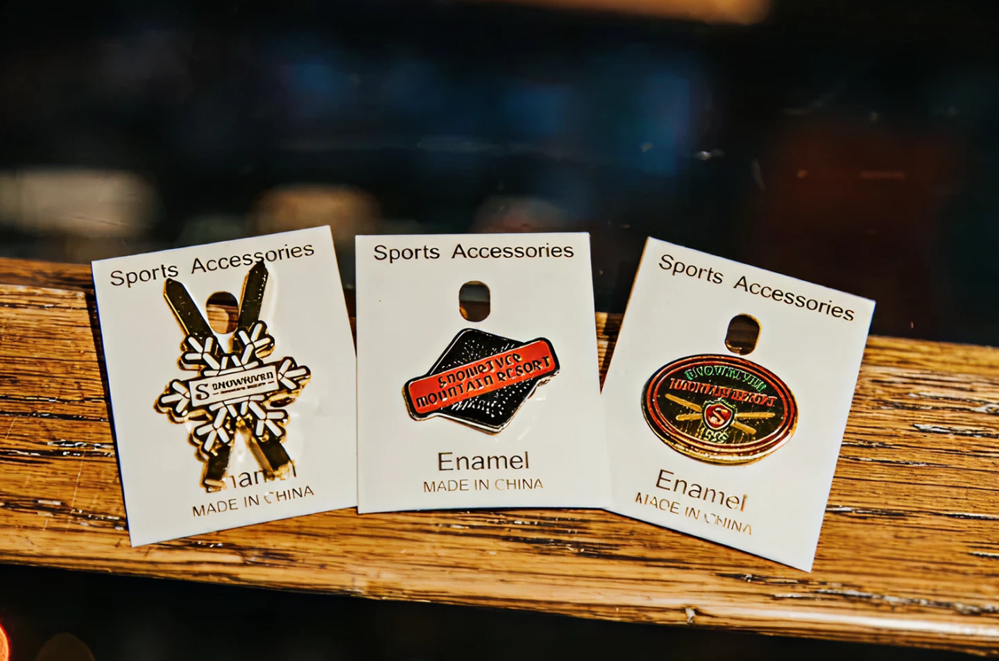 Three enamel sports accessory pins displayed on cards on a wooden shelf.