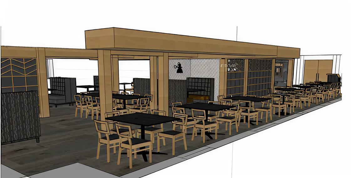 Dining area with wooden tables, chairs, and partitions in a modern, open layout.