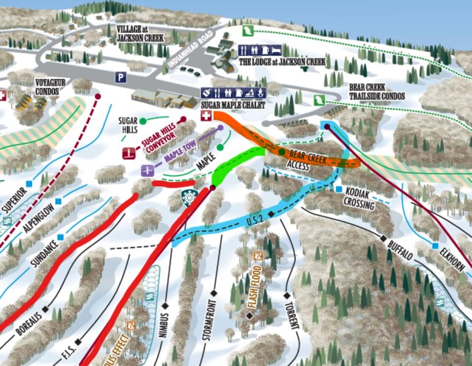 Colorful ski trail map with routes and lodge icons.