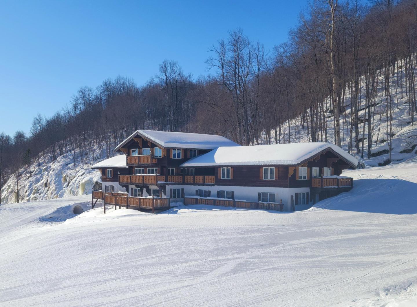 Snow-covered cabin surrounded by trees under a clear blue sky.