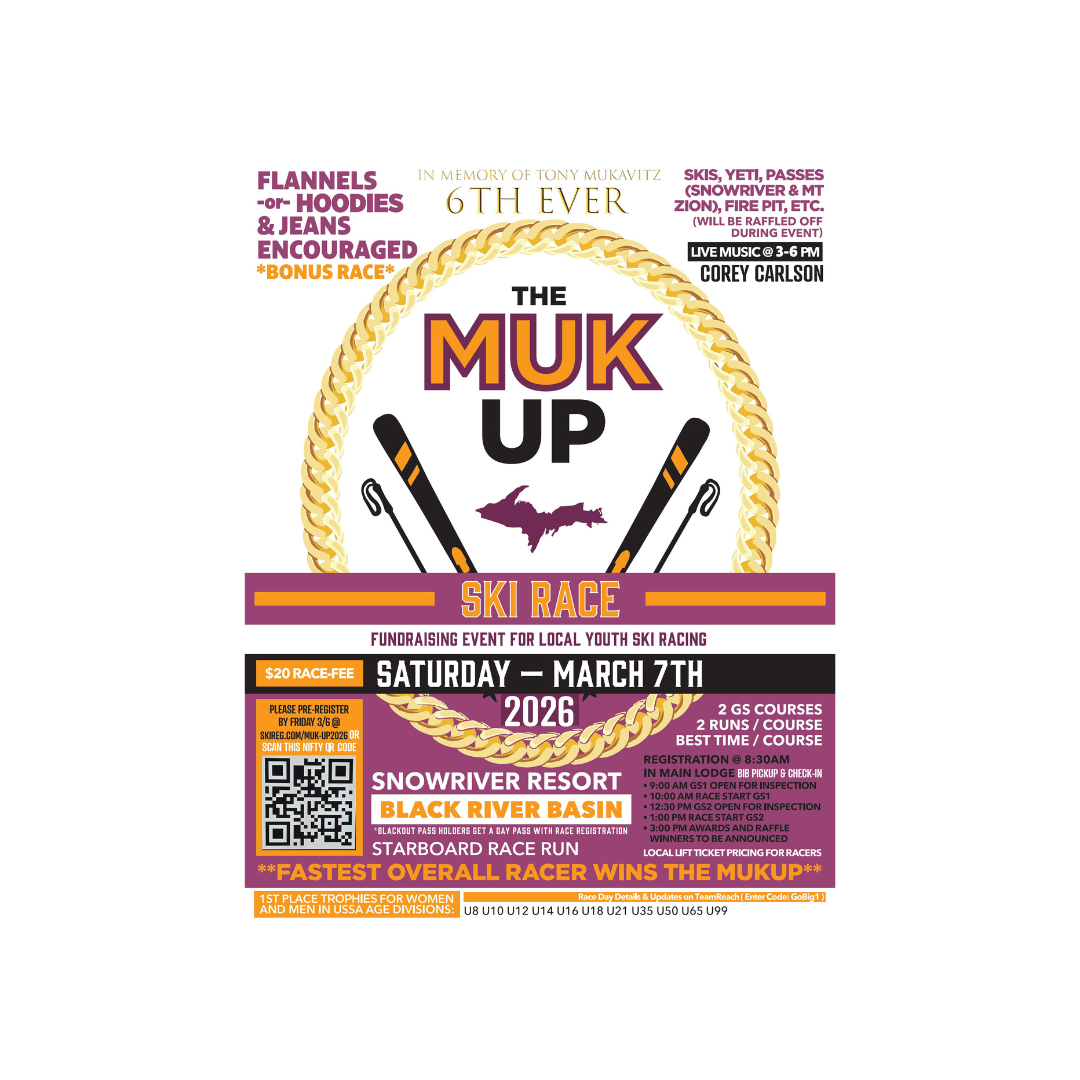 The Muk Up ski race poster with event details and logos.
