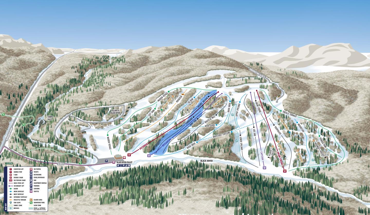 Ski resort trail map with labeled slopes and lifts.