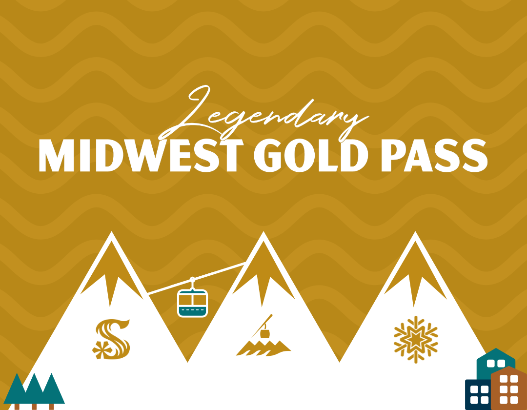 Gold Pass; Legendary Midwest Gold Pass, mountains, ski lift, skis, snowflake icons.