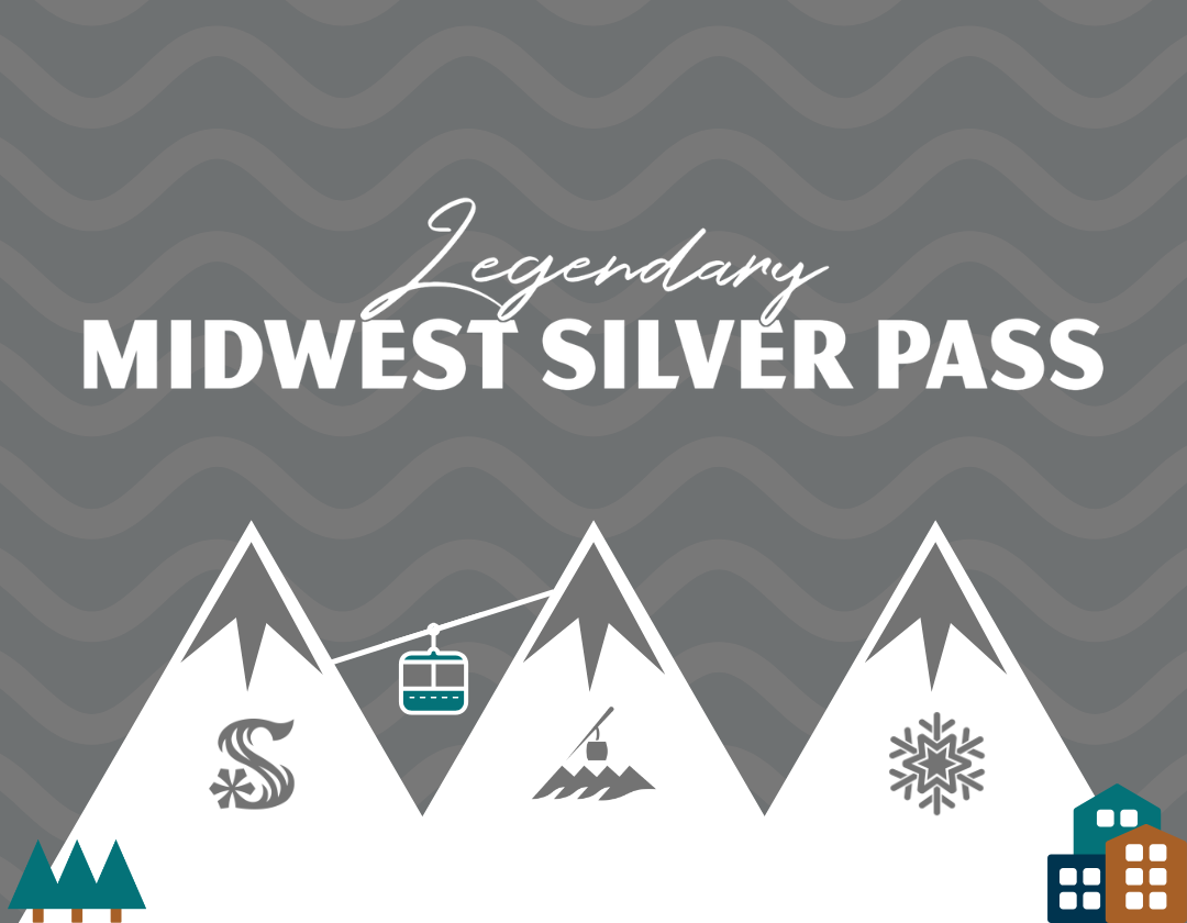 Silver Pass; White mountains and gondola on gray wavy background, icons below peaks.
