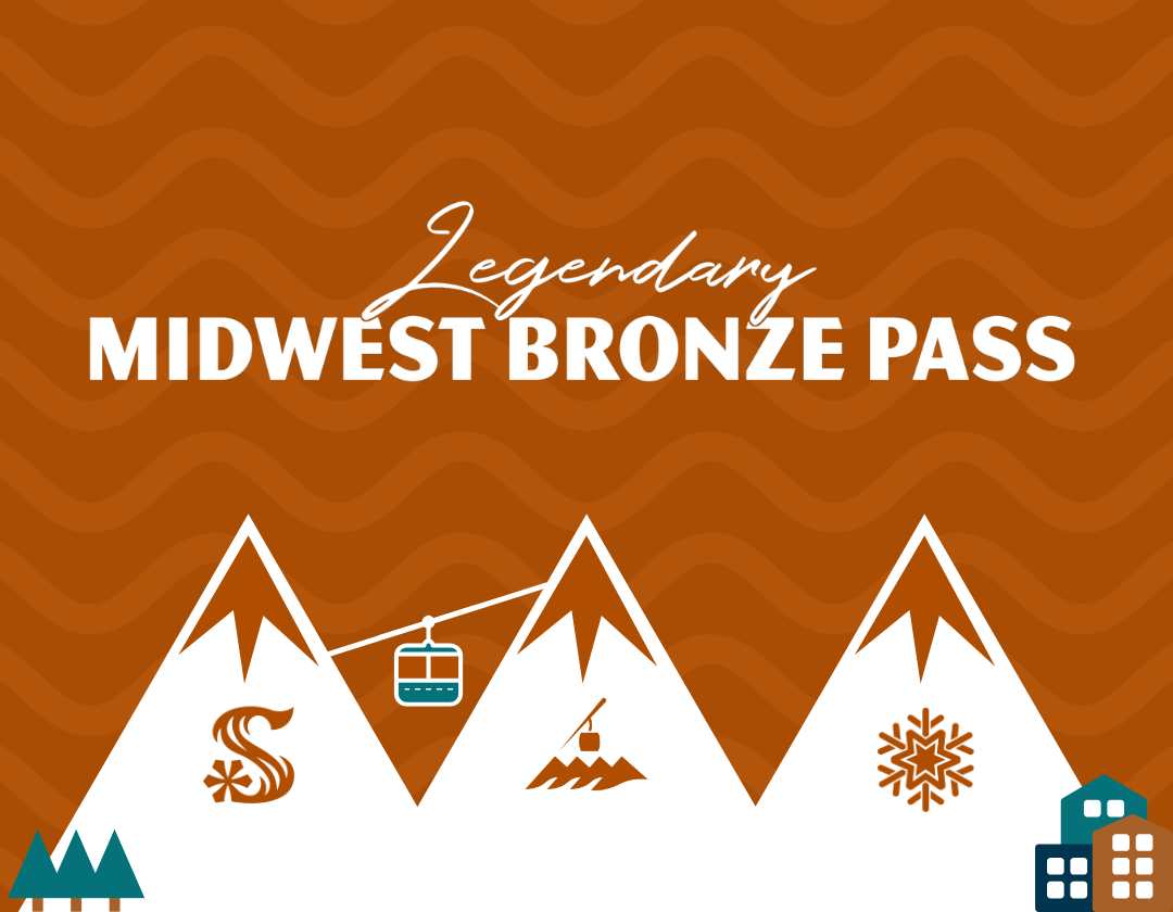 Bronze Pass; Mountains with ski lift, snowflake, and waves on an orange background.