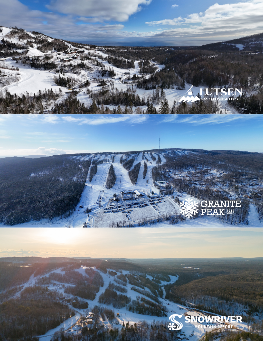 Snowy mountain landscapes with ski trails under blue skies.